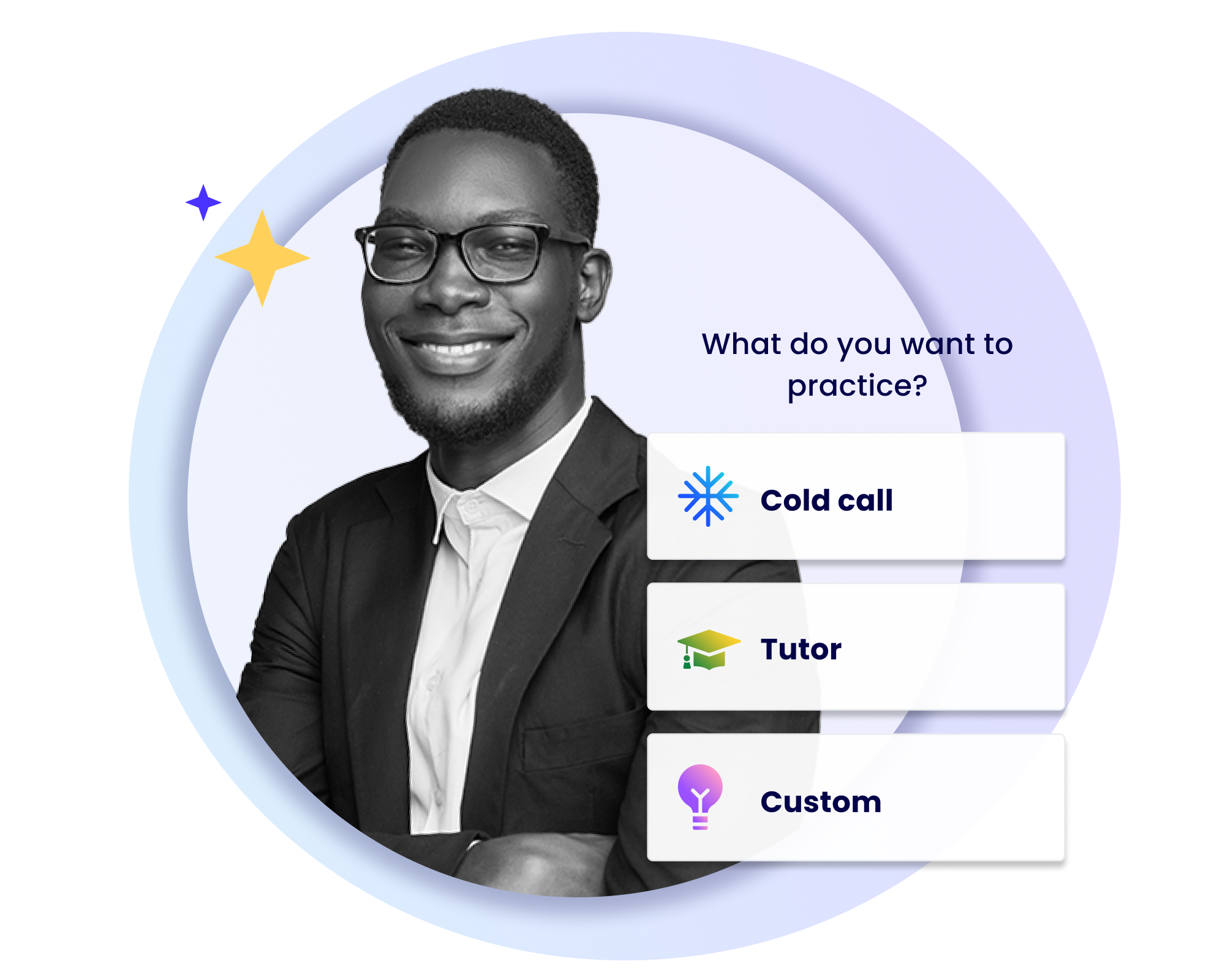 Practice options: cold call, tutor, and custom