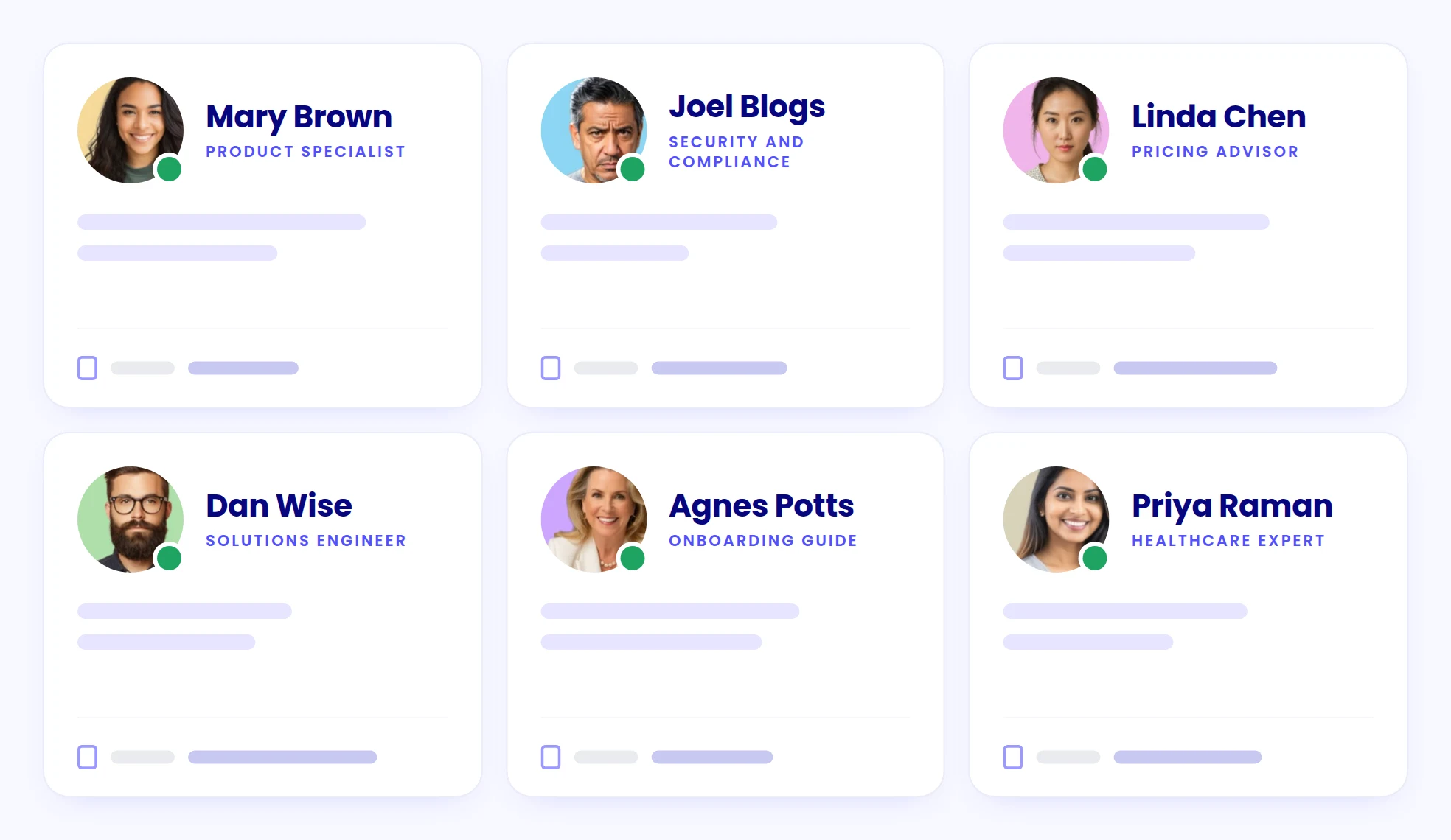 Six Yoodli personas, from a product specialist to a healthcare expert, each with the documents it knows