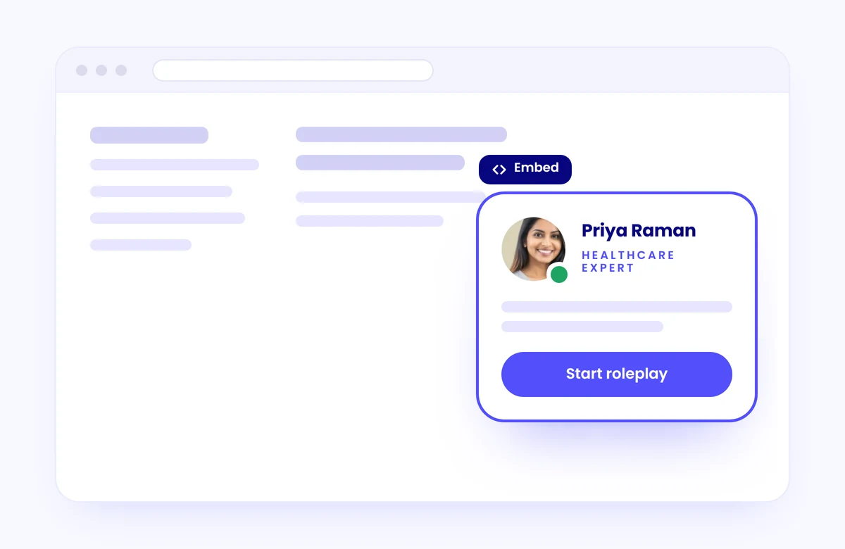 A Yoodli persona embedded on a website, with a Start roleplay button